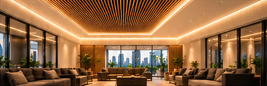 Illustration of a lounge with a slatted false ceiling and warm lighting